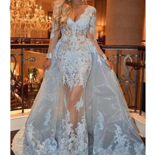 Sky Blue Muslim Evening Dresses Mermaid V-neck Long Sleeves Tulle Appliques Lace Dubai Saudi Arabic Long Evening Gown