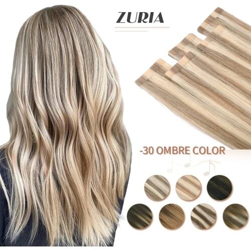 ZURIA Tape In Hair Human Extensions Cuticle Seamless Skin Weft 16" 20" 24" 100% Natural Hair Extensions Non-Remy Real Hair