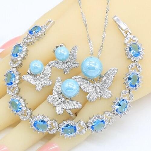 Pearl Bridal Jewelry Sets for Women Silver Color Stud Earrings Rings Necklace Pendant Sky Blue Crystal Bracelet