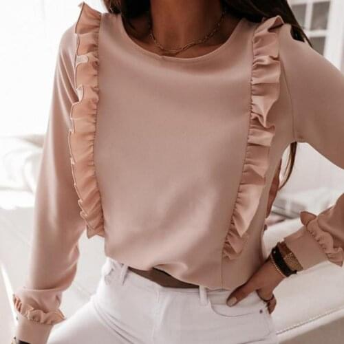Women Elegant Ruffles Long Sleeve Blouse Shirts Ladies New Casual O-Neck Pullovers Back Buttons Tops 2021 Autumn Fashion Blusa