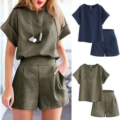 Fashion Women Trouser Suits Casual V-Neck Blouse Linen Plus Size Shirt Solid Tops+Shorts Office Sets 2021 Ladies spodnie zestawy