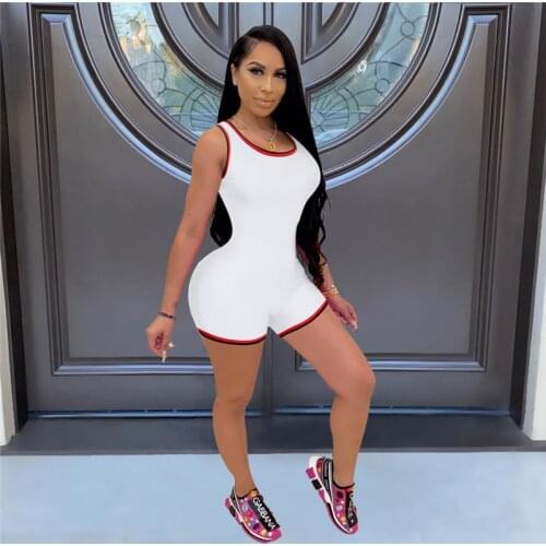 Imcute Sexy Blue Striped Pachwork Short Jumpsuit 2021 Spring Women Simple Style U Neck Playsuit Sportwear One Pieces Romper