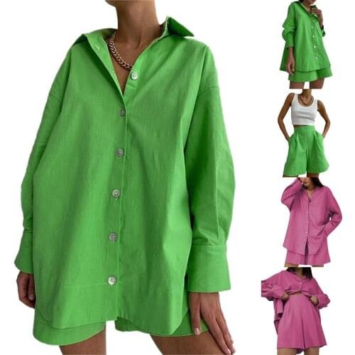 Solid Color Women Girls Shorts Sets Long Sleeve Single Breasted Long Shirt Tops High Waist Short Pant 2PCS Woman Suit S-L
