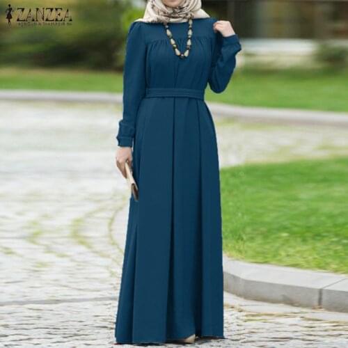 ZANZEA Women Casual Long Sleeve Solid Maxi Long Dress Vestido Autumn Loose Sundress S-5XL Kaftan Abaya Dubai Hijab Muslim Dress