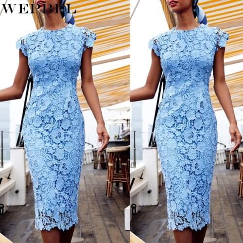 WEPBEL Women Elegant Summer Dress Ladies Sexy Lace Hollow Out Sleeveless O Neck Slim Fit Pencil Dress