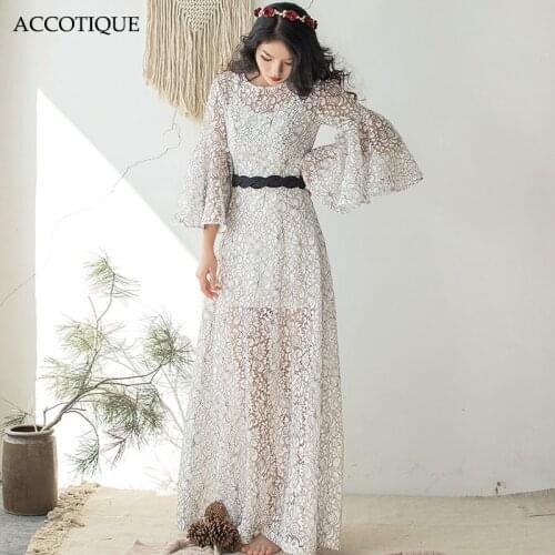 High Quality 2017 New Womens Flare Sleeve Solid White Hollow Out Lace Maxi Dress Female Vintage Slim Long Dresses With Belt