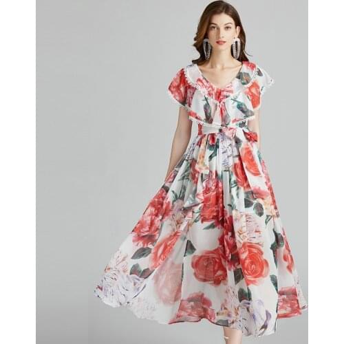 Rose Print Summer Dress Women Stitching Lace V-neck Lace-up High Waist Floral Dress Mid-Calf Split Large Swing Midi Dresses 2021