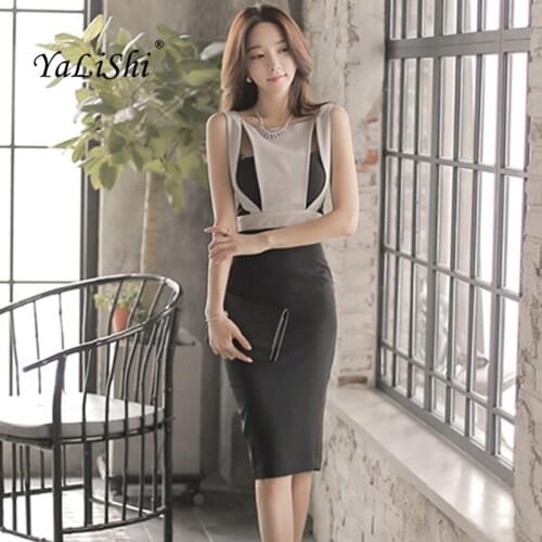 Summer Elegant Women Pencil Dress Patchwork Bandage Bodycon Office Dresses Sexy Party Sleeveless O Neck Midi Dress Vestidos
