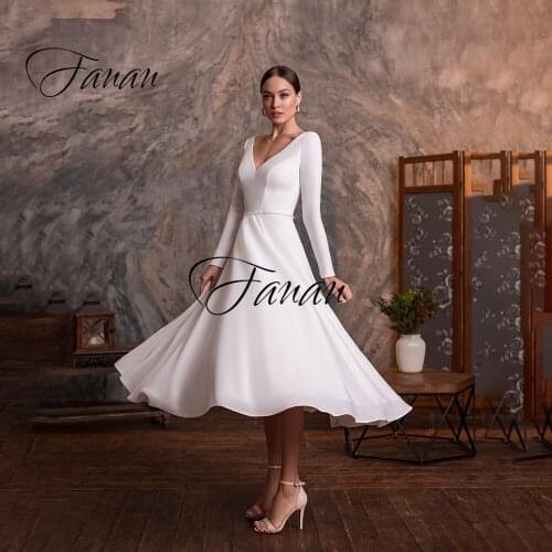2021 New Simple Long Sleeve Wedding Prom Dress V-Neck Ankle-Length Beading A-Line Bridal Praty Gown robe de soirée de mariage