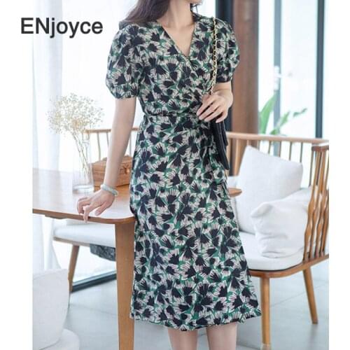 Retro Leaf Printed Midii Dress Women Long Sleeve High Waist Wrap Skirt Ladies Korean Elegant Slim Split Beach Holiday Dresses