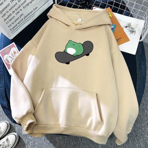 Winter Skateboard Frog Oversized Sweatshirt Men And Womens Hoodies Harajuku Warm Pullover Drawstring Beige Male Korean style