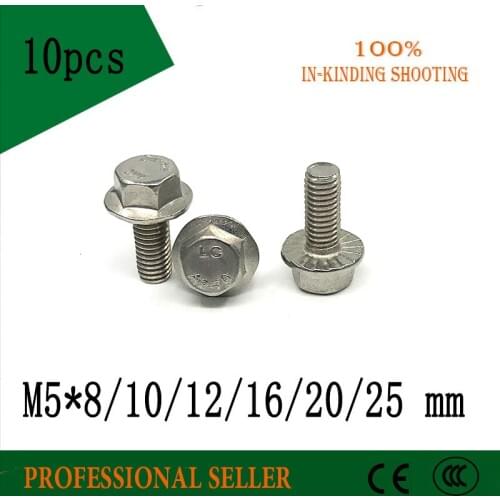 10pcs/lot M5*8/10/12/16/20/25 mm 304 Stainless steel hex flange bolt serrated flanged bolt