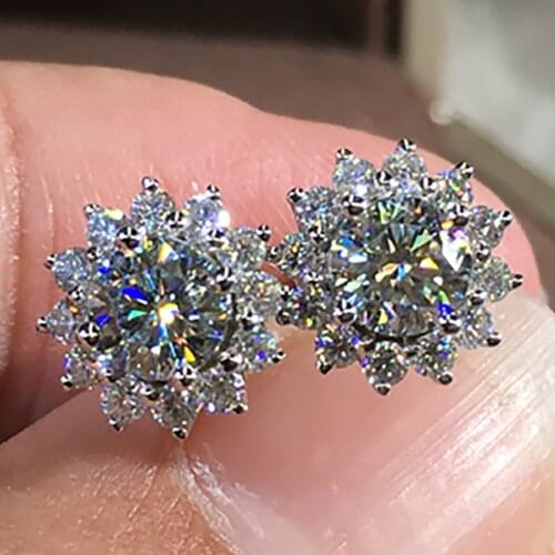 14K White Gold 1 Carat Stud Earrings Women Present Wedding Anniversary Engagement Party Round Sunflower Moissanite Diamond