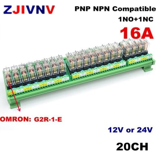 20 channels DIN Rail Mount 16A Power Relay Interface Module 1 NO+1 NC with OMRON G2R-1-E DC12v/24V Relay PNP NPN compatible