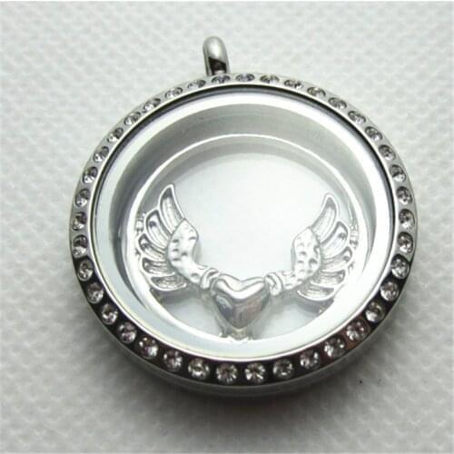 30mm Stainless Steel Floating Locket Pendant With Rhinestone Glass Living Memory Floating Charm Locket With Plate
