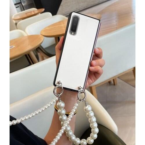 Pearl Bracelet Long Lanyard Handbag Case Cover For Samsung Galaxy Z FOLD 2 3 5G Portable Hand Chain Leather Shockproof Fundas