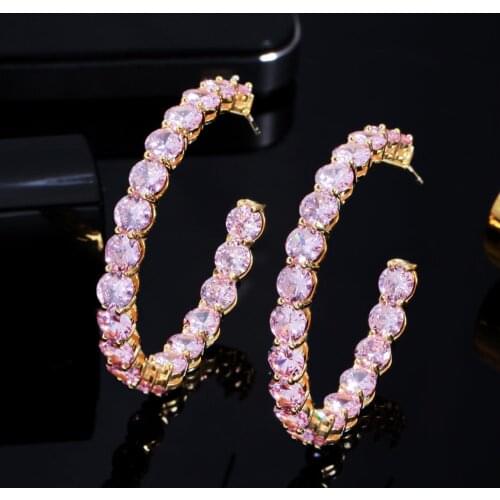 CWWZircons Bling Ice Out Round Cubic Zirconia Gold Color Pink Big Circle Hoop Earring for Women Luxury Designer CZ Jewelry CZ893