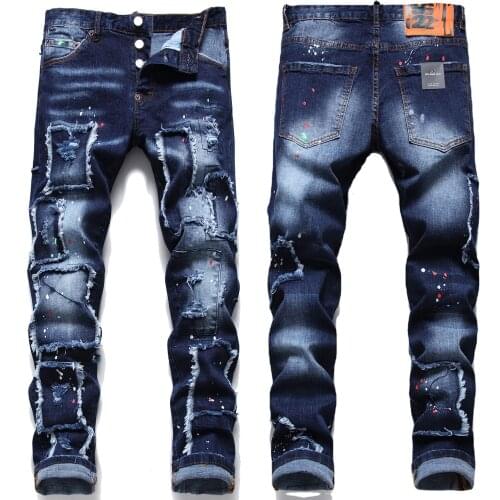 Mens printed light luxury denim pants distress patched slimming jeans color-dot painted men’s casual jeans pants