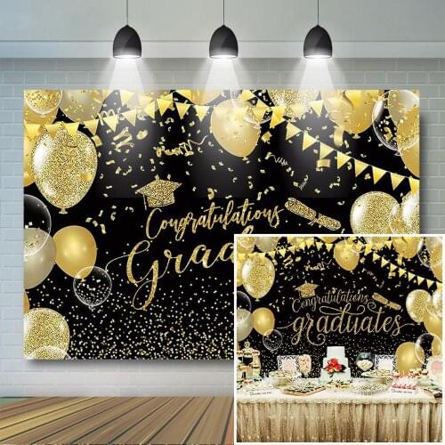 Class Graduation Backdrop Congrats Grad Class of 2020 Celebration Party Decor Black and Gold Glitter Balloon Photo Background