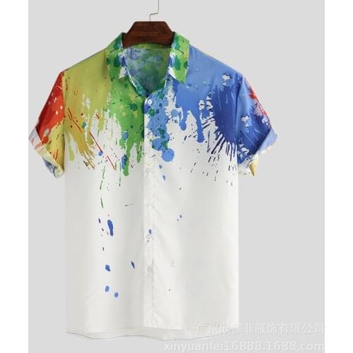 ICCLEK 2021 New Mens Business Shirt Splash Ink Printing Short-sleeved Hawaiian Beach Shirt Mens Street Shirt