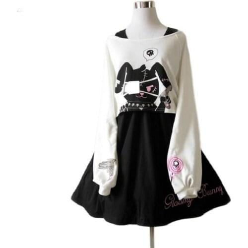 Black Comic Rabbit Lolita Dress Japanese Teens Kawaii Girls 2pcs Set Sweet Cotton Dress Short Cute Bunny Print Long Sleeves Set