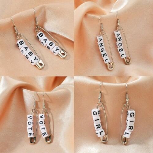 Donarsei Creative Letter Safety Pin Earrings For Women Fashion Beaded Alphabet Angel Baby Paperclip Drop Earrings Ear Threader