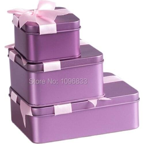 Square Bonbonniere Lavender Purple Color Candy Box Gift Packing Case Emptry Tin Metal Box with Ribbon, 20pcs/Lot