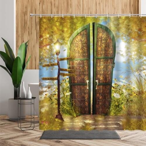 Forest Wooden Door Bathroom Shower Curtain Woods Daisy Flowers Bath Screen Waterproof Backdrop Fabric Decorate Creative Curtains