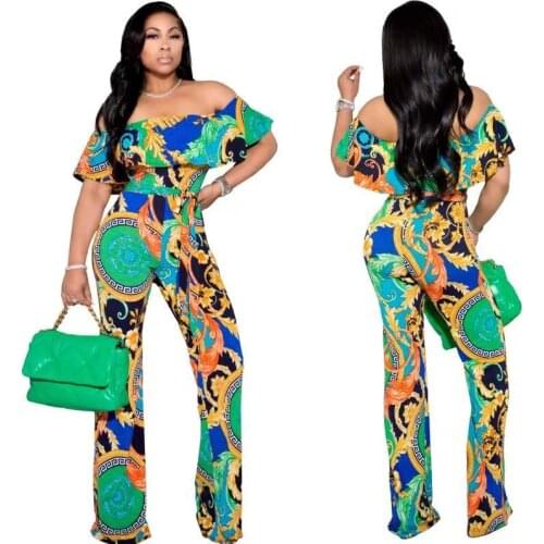 Summer Women Boho Casual Ruffle Off Shoulder Jumpsuit Fashion Ladies Printed Wide Leg High Waist Loose Vintage Romper Overalls