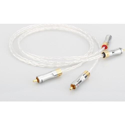 One Pair 8N OCC Copper Silver Plated Cable With Gold Plated RCA to RCA Male Plug For HiFi Audio
