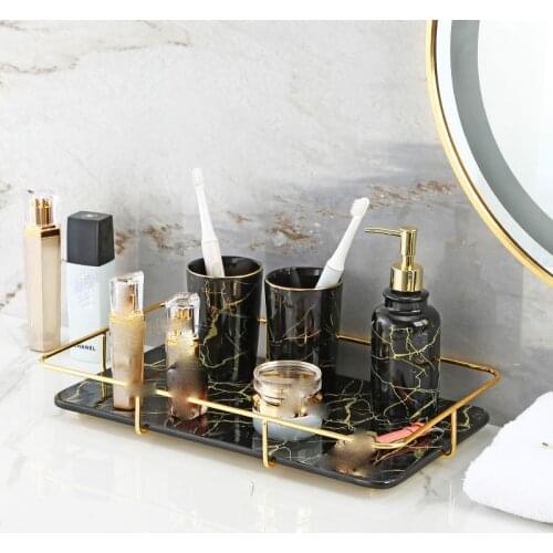 Marble Ceramic Bathroom Kit Household Shower Gel Shampoo Facial Cleanser Dispenser Bottle Mouthwash Cup Cosmetic Storage Tray