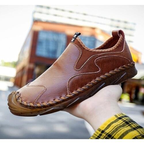 Mens Casual Boat Shoes Handsewn Loafers Casual Slip On Driving Shoes Plus Size