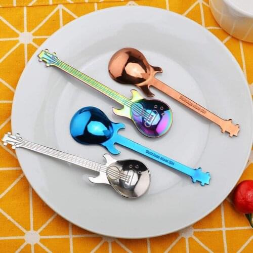 Set of 4 Guitar Shaped Stainless Steel Coffee Spoon Demitasse Spoons Dessert Spoons Sugar Spoon Kitchen Cute Utensil