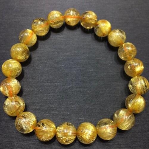 Genuine Natural Brazil Gold Rutilated Titanium Quartz Bracelet Woman 9.5mm Wealthy Stone Clear Round Beads Crystal Charms AAAAAA