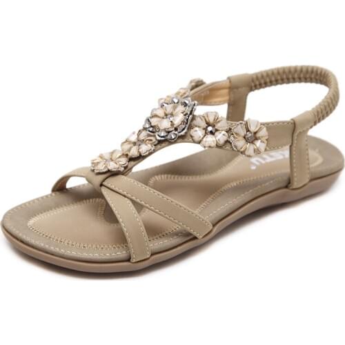 New 2020 vacation beach seaside sweet bohemian flower rhinestone flat womens sandals A-44