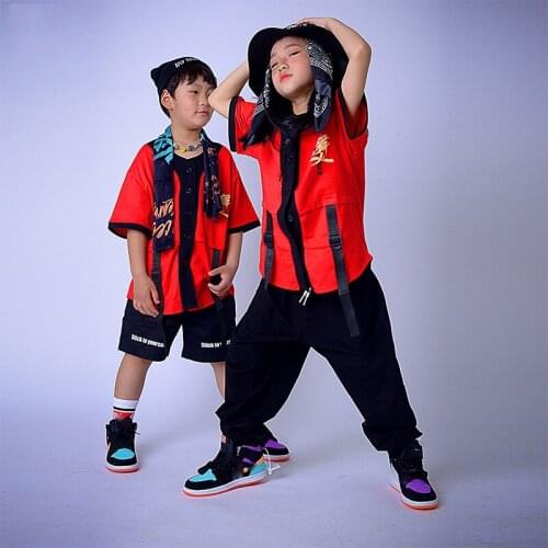 2021 New Jazz Dance Costumes Red T-Shirt Shorts Hiphop Outfits Boys Girls Modern Dance Hip Hop Clothes Street Dance Wear DN8611