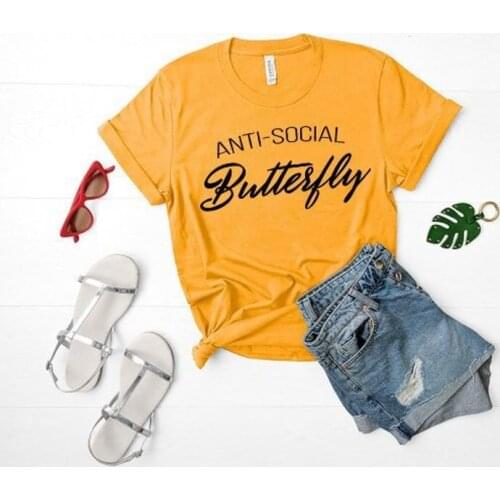 Skuggnas New Arrival Anti Social Butterfly T-shirt Graphic Tee Funny T Shirt Anti People Antisocial Network t shirts Drop ship
