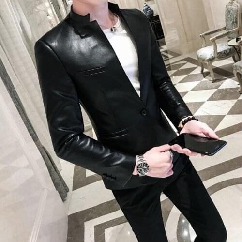 Solid Black Slim Fit Blazer Hombre PU Leather Jacket One Button Business Casual Prom Blazers For Men Korean Suit Coat