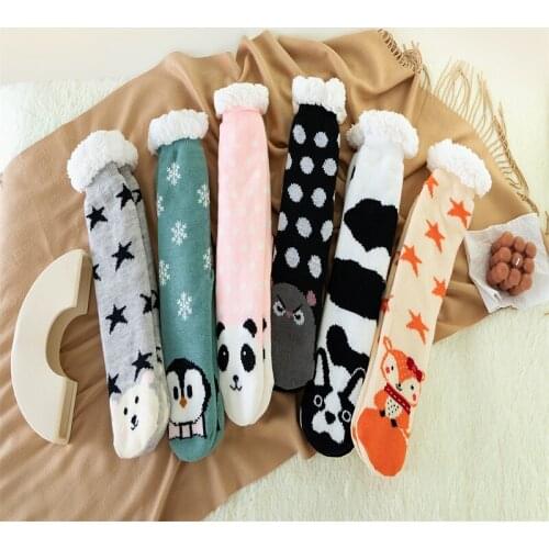 Autumn Winter Women Slippers Home Socks Christmas Cartoon Elk Floor Socks Plush Velvet Non-slip Carpet Fluffy Warm Socks