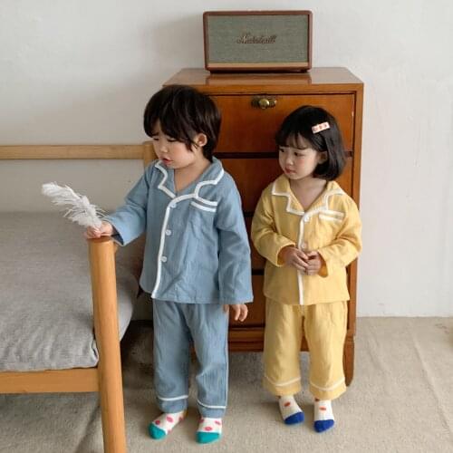 Autumn Pajamas Suit Children 2021 New Cute Candy Color Home Clothes Girls and Boys Cotton Solid Color Casual Korean Pajamas Suit