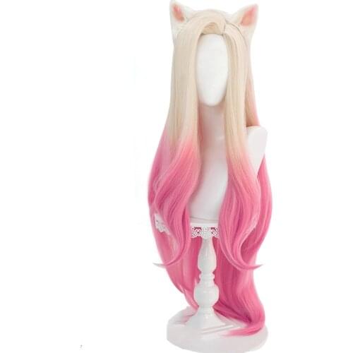 KDA Baddest Ahri Cosplay Wigs LOL KDA Cosplay Blonde Mixed Pink Wigs with Ears Heat Resistant Synthetic Hair Game Cos