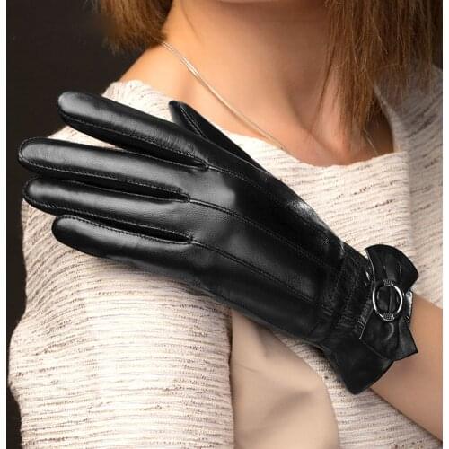 Sheepskin Real Leather Gloves Female Plus Velvet Leather Gloves Winter Keep Warm Wrist Butterfly Knot Womans Gloves NW216-1