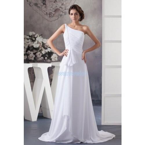 Free shipping 2016 dress formal gown floor-length small train one shoulder custom size/color white bridesmaid dress