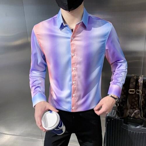 Autumn New Trendy Mens Colorful Stripe Shirt Long Sleeve Luxury Casual Shirt For Men Slim Fit Hawaiian Shirts Tops Chemise Homme