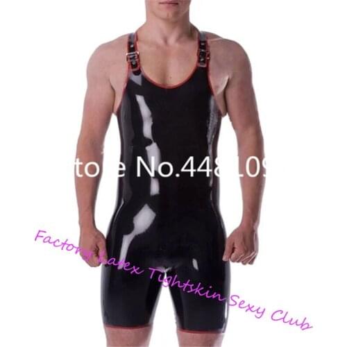 Males' Sexy Black Latex swimuits for Man Fetish Rubber Leotard Costumes with Red Trim Plus Size Custom Made no zip