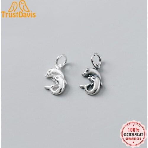 TrustDavis Real 925 Sterling Silver Personality Fashion Sweet Dolphins Charm Pendant Handmade DIY Accessories Jewelry DZ459