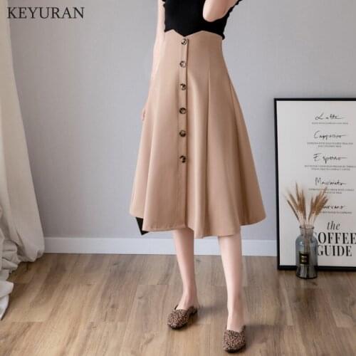 High Waist Elegant Swing A Line Skirt Women Solid Color Black Apricot Workwear Office Ladies Skirts Single-breasted Vintage traf