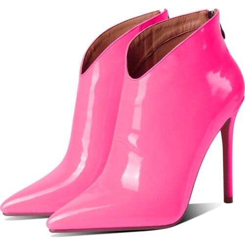 Patent Ankle Boots For Women High heels Pointed toe Fashion Ladies Boots Sexy Zipper Red Short Boots Party Shoes Large Size