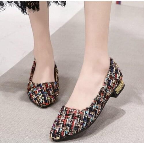 Women Pointed Toe Pumps Ladies Metal Slip on Plaid Low Square Heels Female Slip on Fashion Casual Office Shoes Plus Size