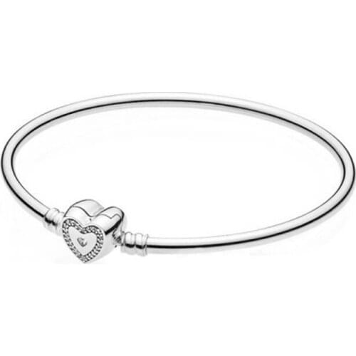Authentic 925 Sterling Silver Moments Wishful Heart Fashion Bangle Fit Pandora Women Bead Charm Bracelet Gift DIY Jewelry